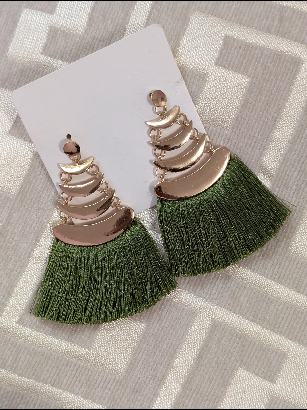 Anthropologie Gold-Tone & Olive Green Tassel Earrings